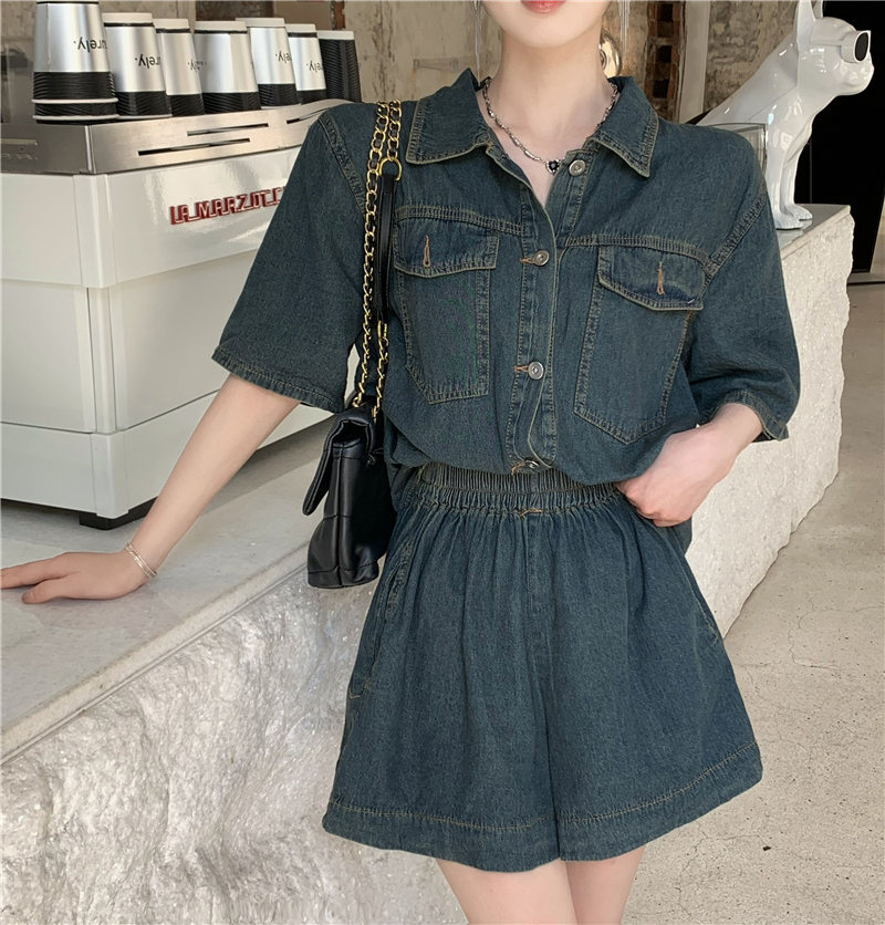 デニムセットアップ 半袖デニムシャツ×ショートパンツセット