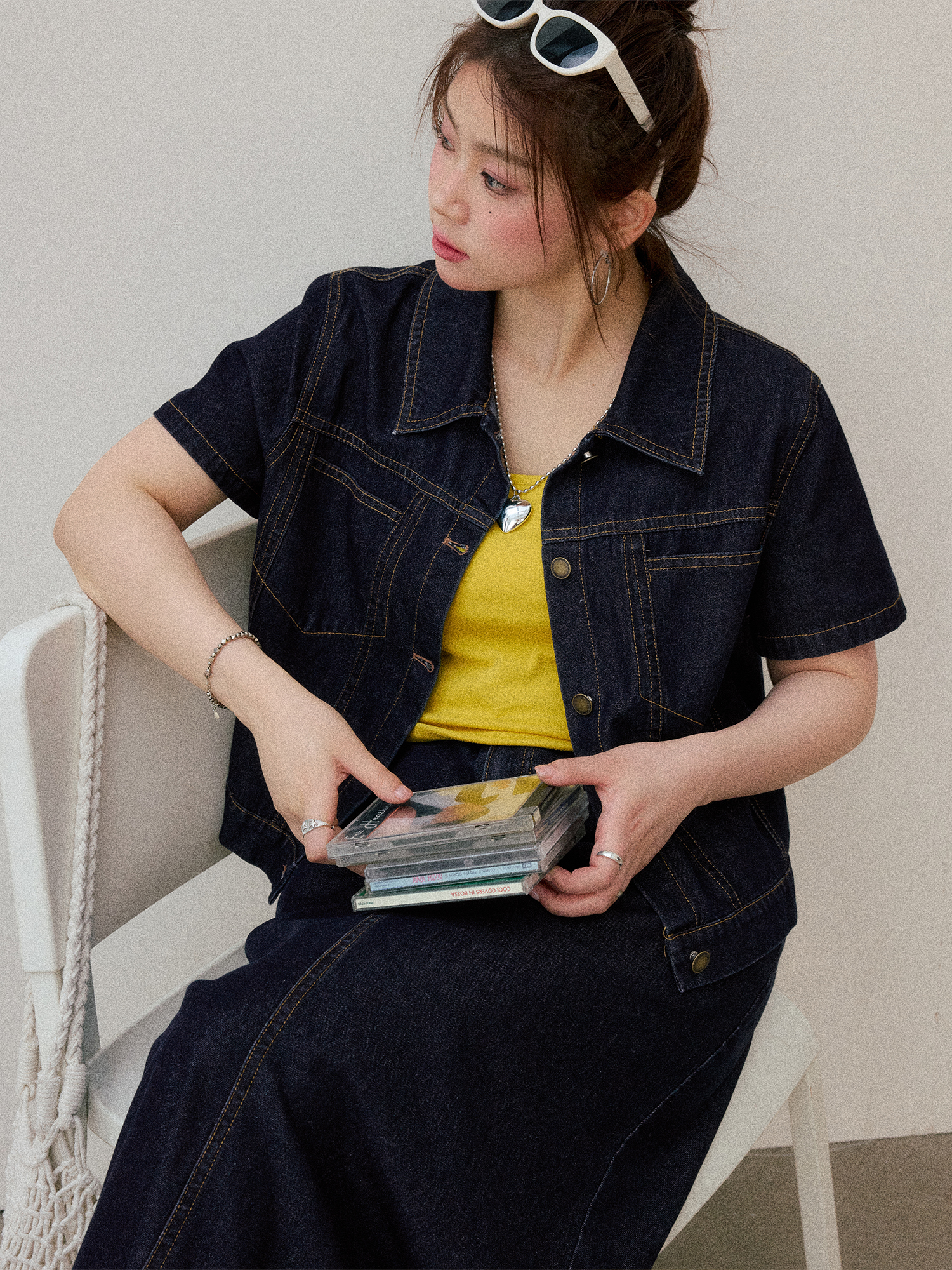 デニムセットアップ 半袖ジャケット×ロングスカート