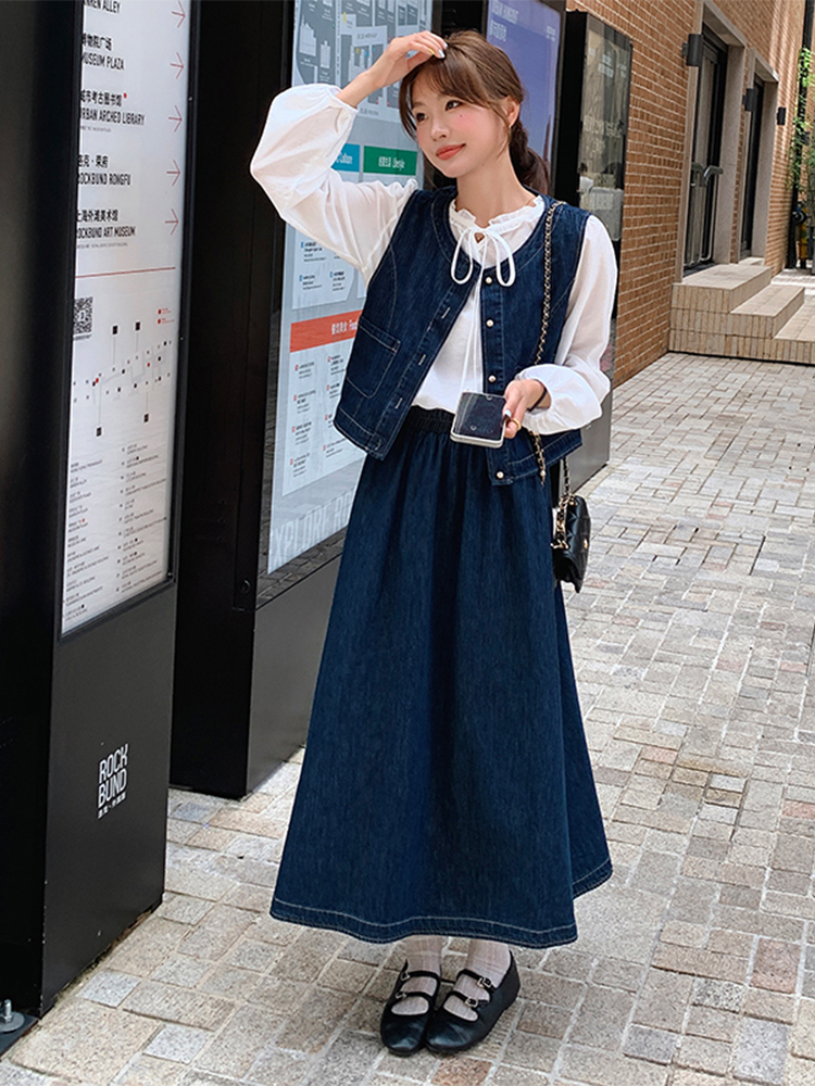 デニムセットアップ レトロ風ベスト付きロングスカート