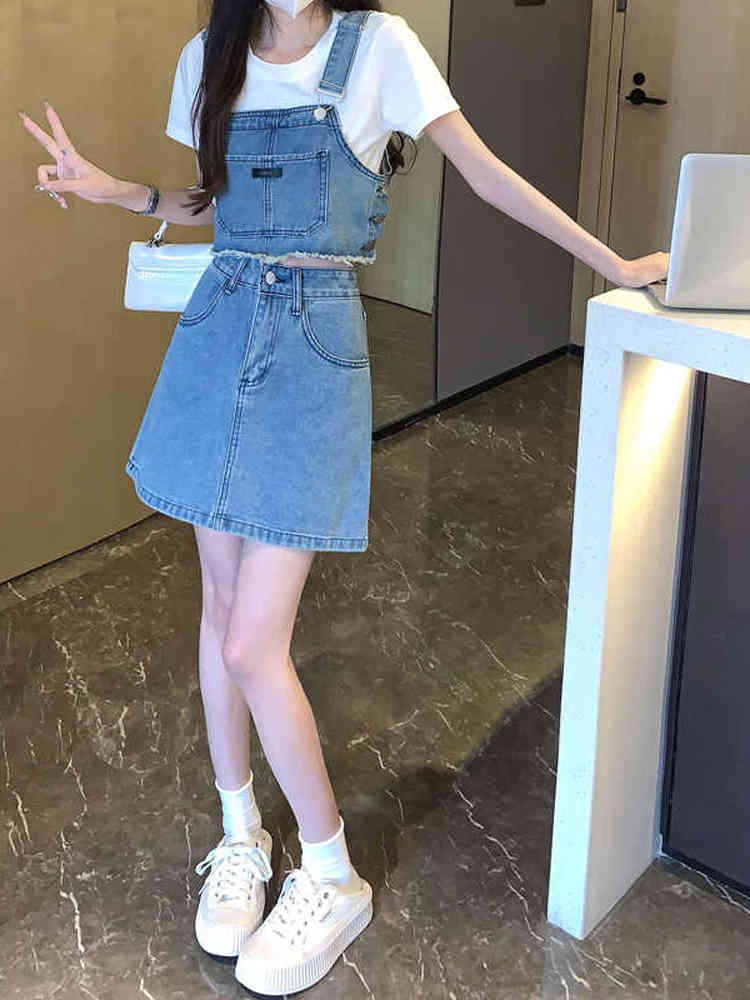 デニムセットアップ クロップドサロペット＆ミニスカート