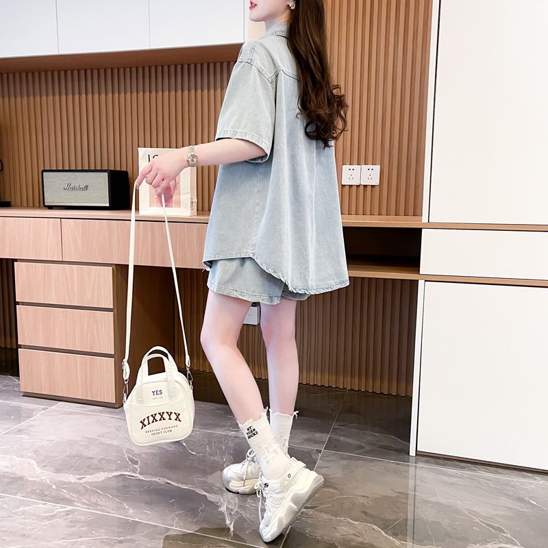 デニムセットアップ ゆったりデニムシャツとショートパンツセット