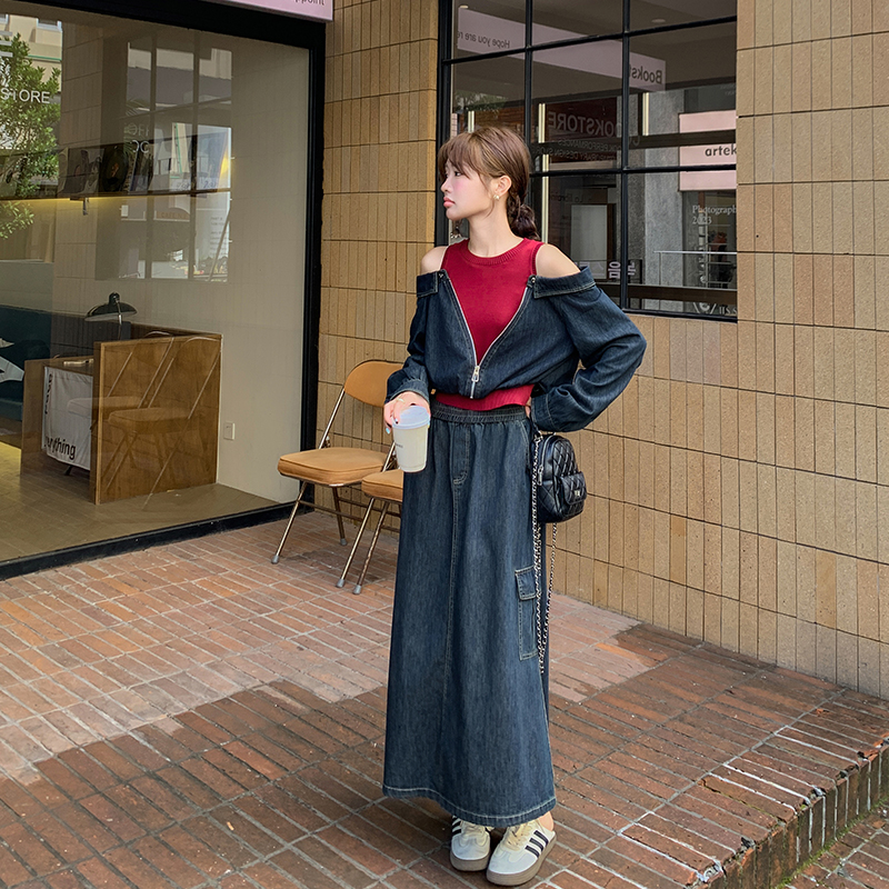 デニムセットアップ 肩開きジャケット×ロングスカート