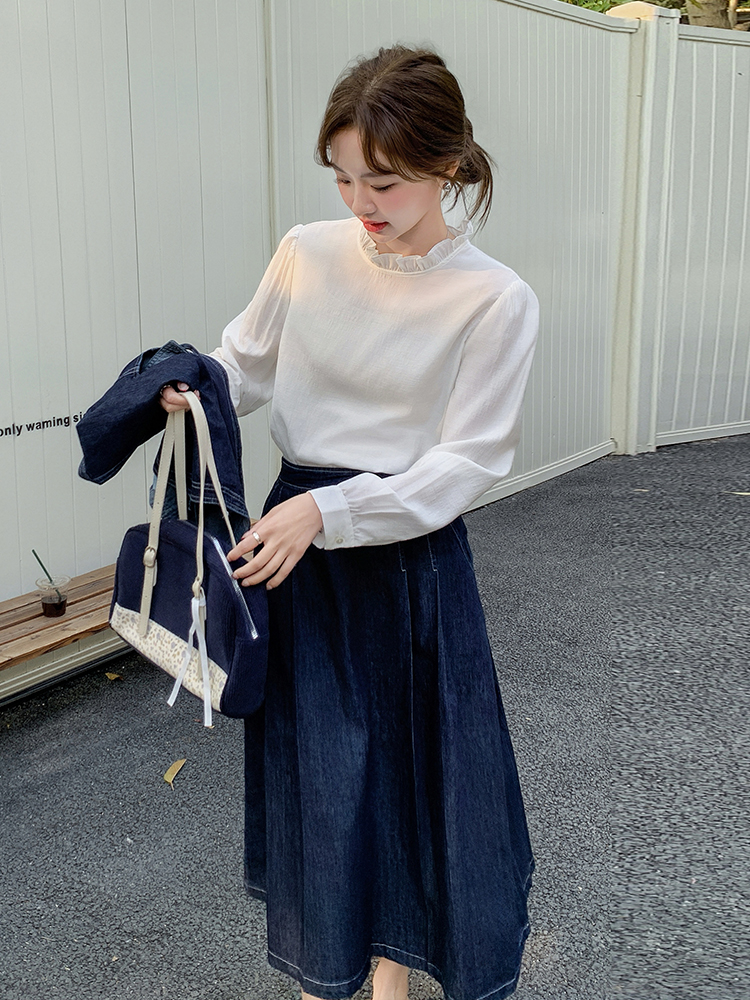 デニムセットアップ レトロ調ベスト付き膝丈スカート