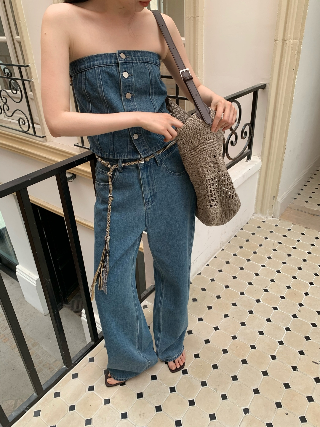 デニムセットアップ デニムビスチェワイドパンツセット