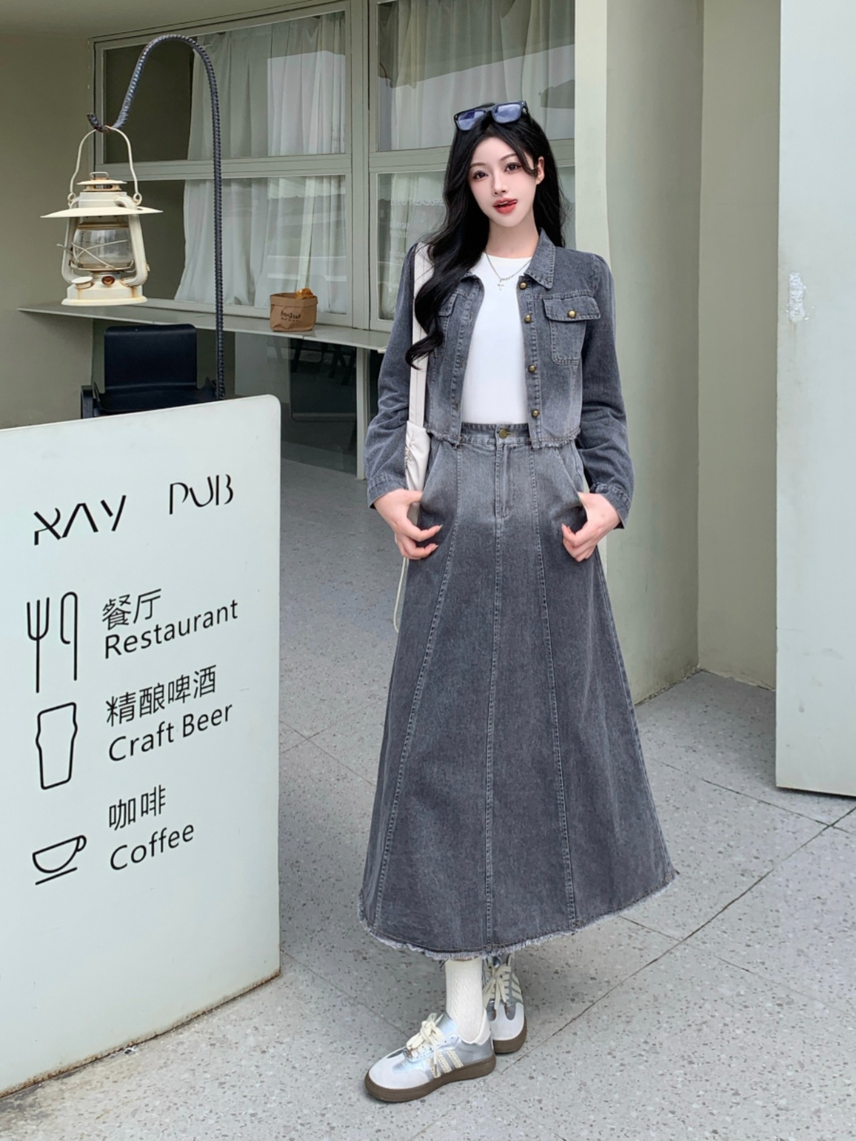 デニムセットアップ クロップド丈ジャケット＆ロングスカート