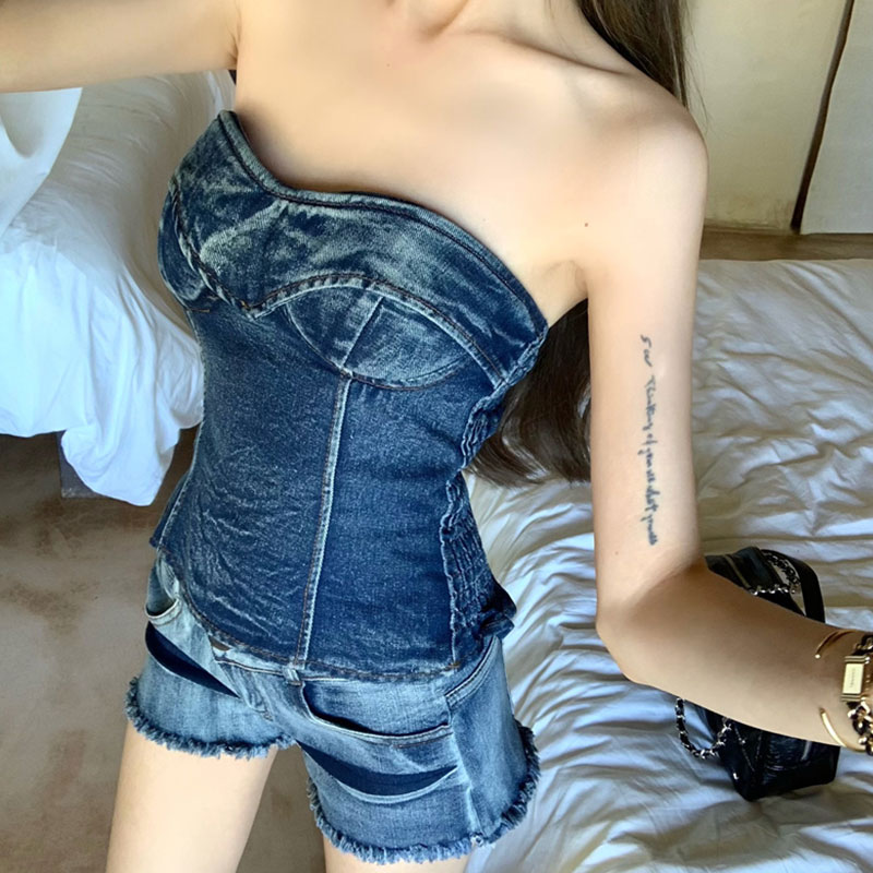 デニムセットアップ 胸元美人 デニムビスチェ ショートパンツセット