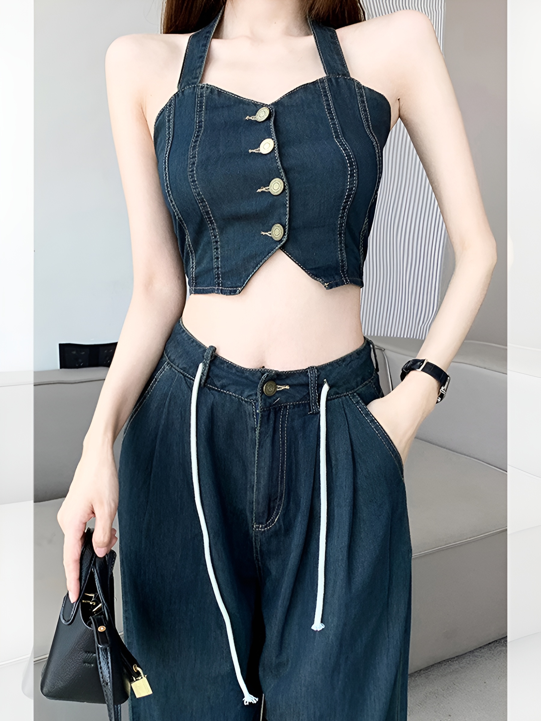 デニムセットアップ 背中見せビスチェとワイドパンツ