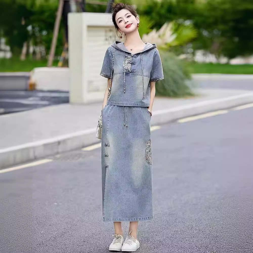 デニムセットアップ チャイナ風刺繍フード付きデニムセットアップ