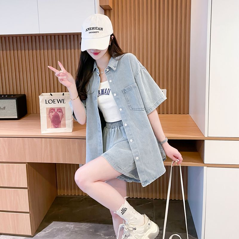 デニムセットアップ ゆったりデニムシャツとショートパンツセット