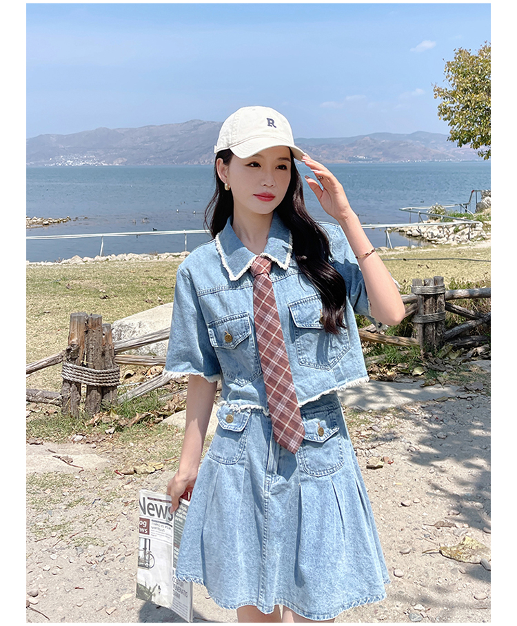 デニムセットアップ ネクタイ風ポケット付きデニムセット
