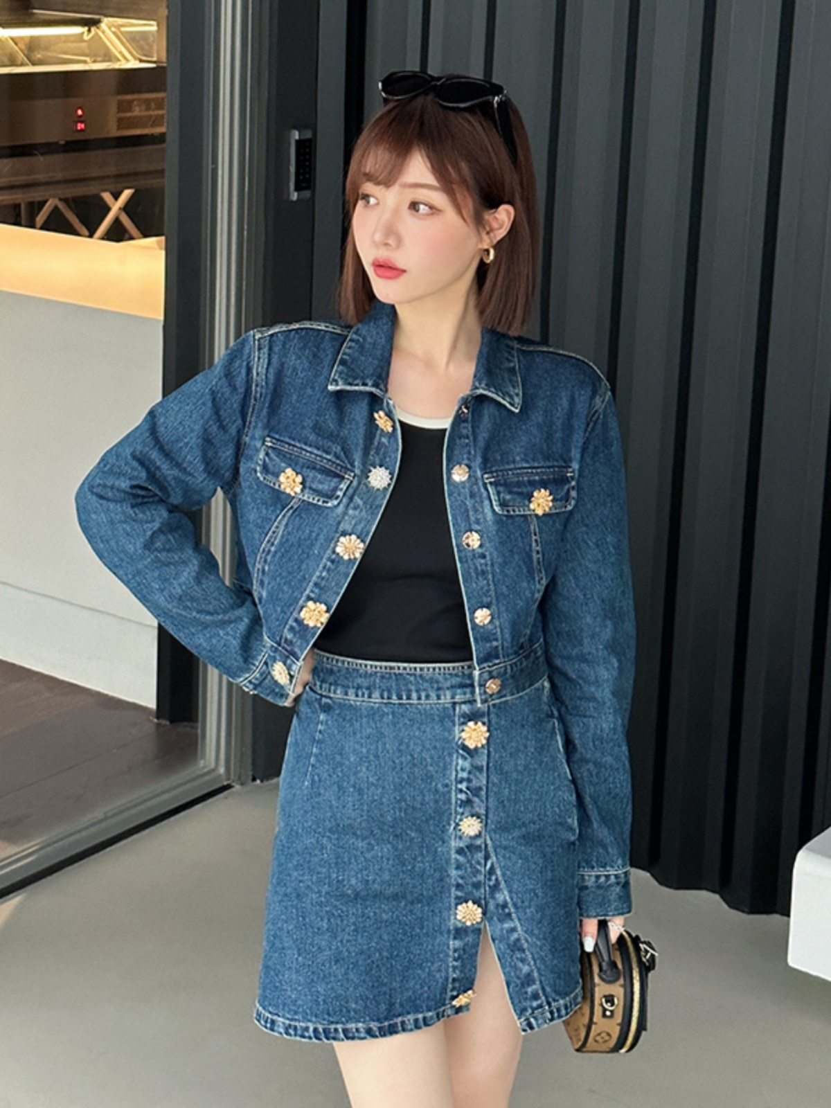 デニムセットアップ 花モチーフボタン デニムセットアップ