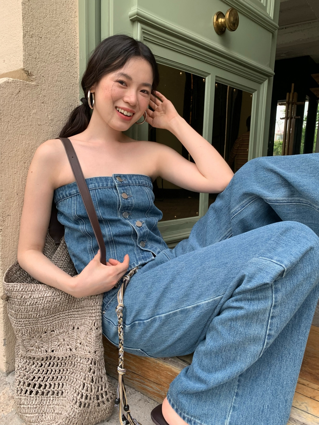 デニムセットアップ デニムビスチェワイドパンツセット