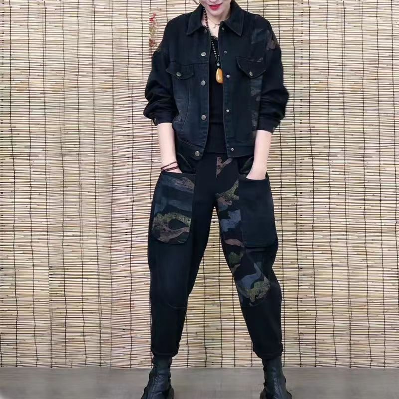 デニムセットアップ 迷彩切替デニムジャケットパンツセットアップ