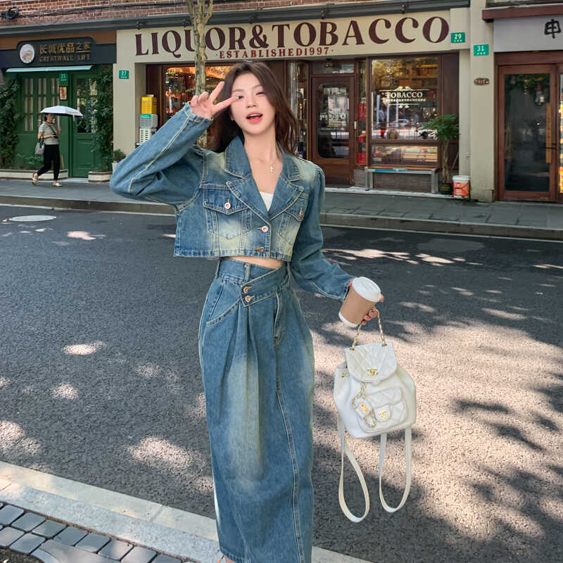 デニムセットアップ クロップドジャケット＆ロングスカートセット