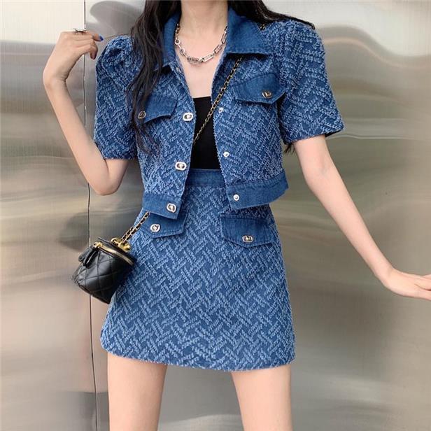 デニムセットアップ ジグザグ柄ショート丈セットアップ