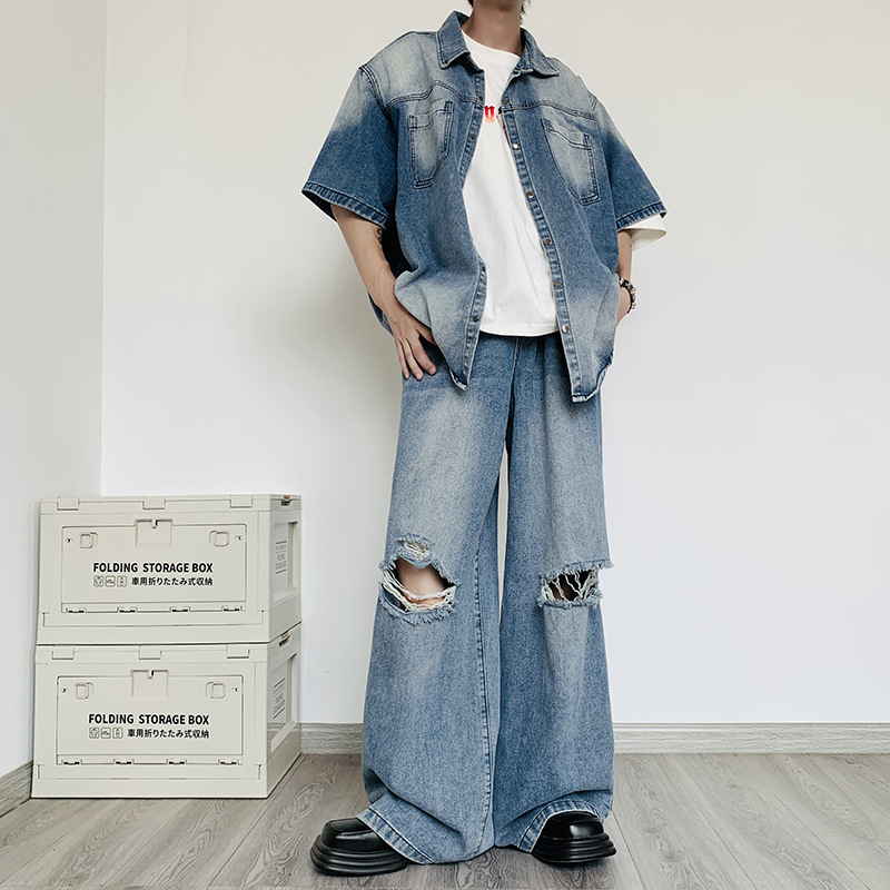 デニムセットアップ ゆったり半袖ダメージワイドセットアップ