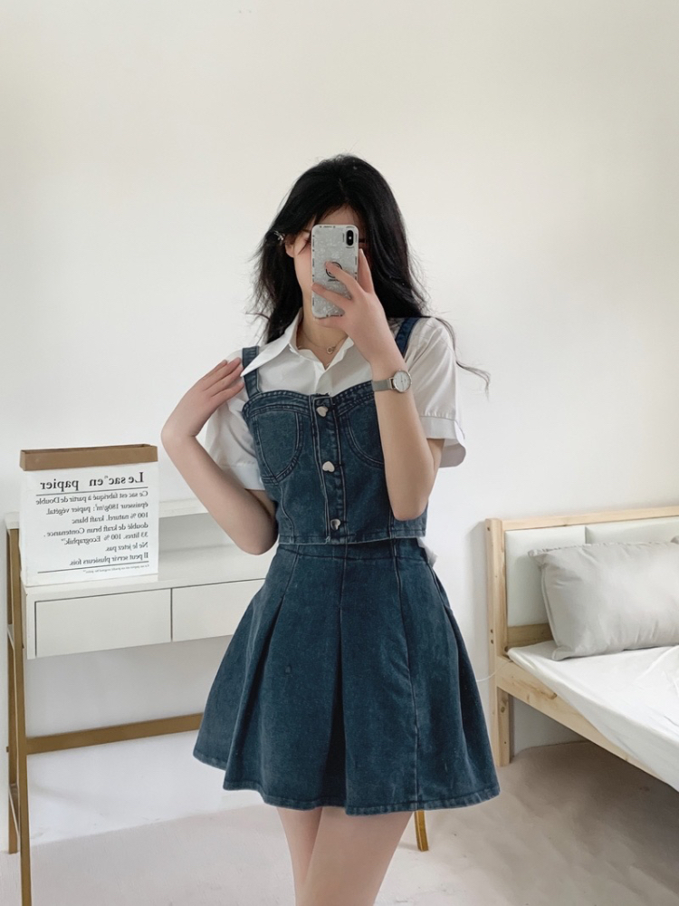 デニムセットアップ 胸元ポケット付きデニムワンピースセット