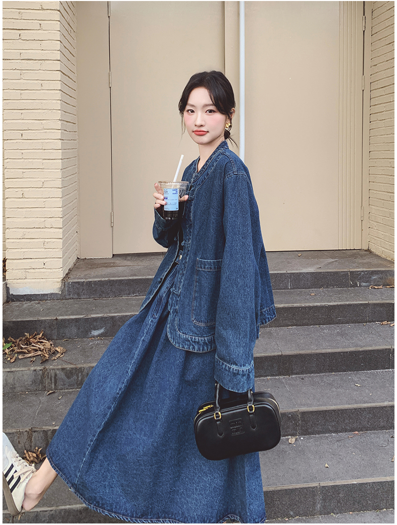 デニムセットアップ 洗練デニムゆったりジャケットスカートセット