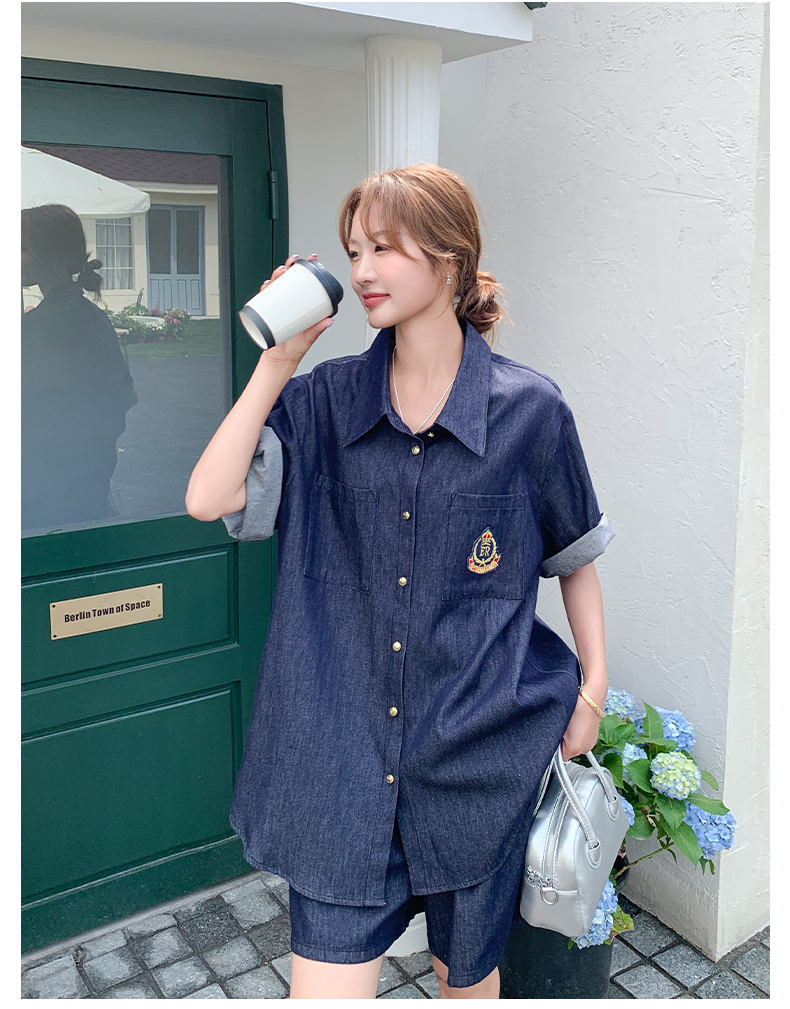 デニムセットアップ クラシック刺繍入り半袖セットアップ