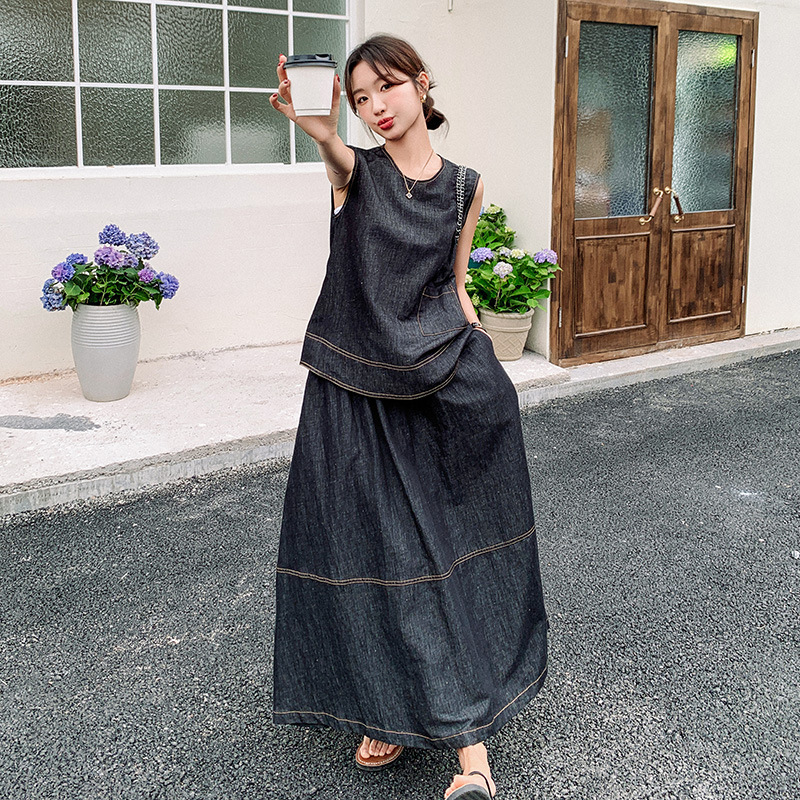 デニムセットアップ 大人の風格 ノースリーブ長裾セット