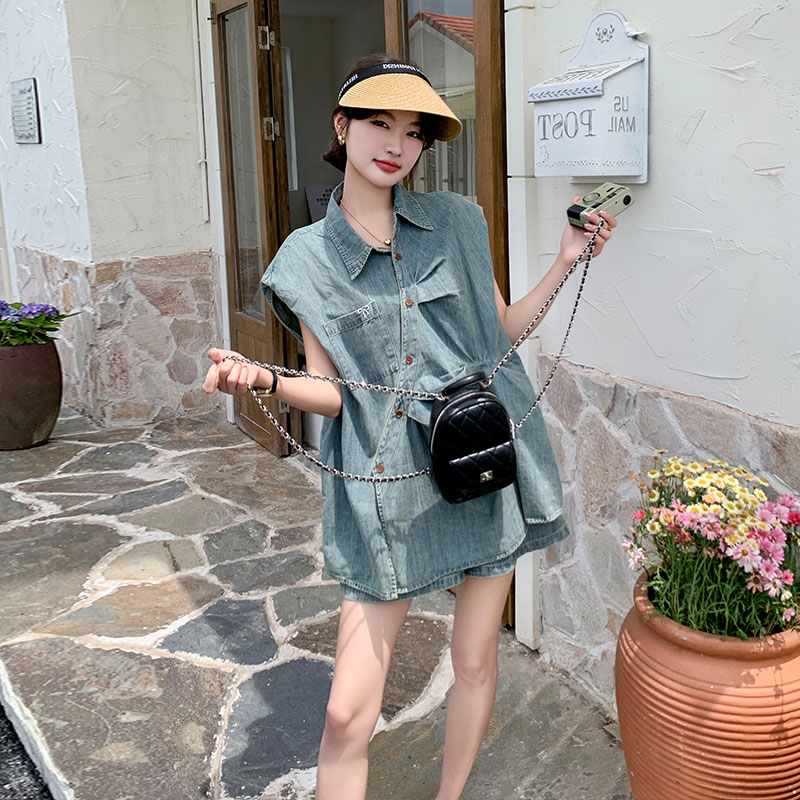 デニムセットアップ ゆったり袖デニムシャツセット