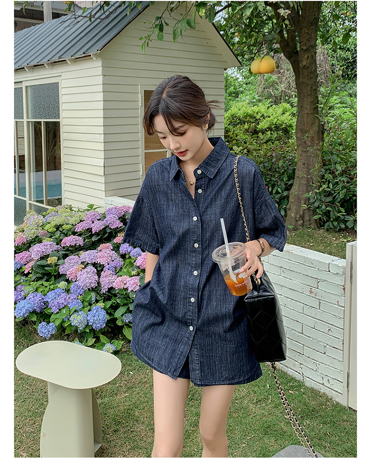 デニムセットアップ ゆったり五分袖シャツとショートパンツセット
