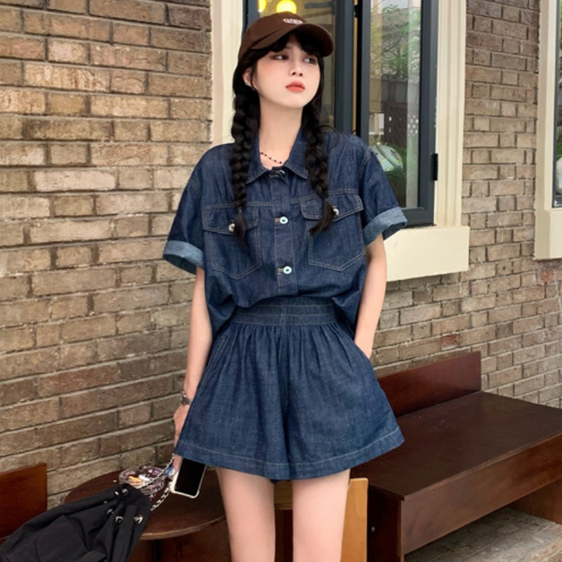 デニムセットアップ ゆったりシルエット 半袖ショートセット