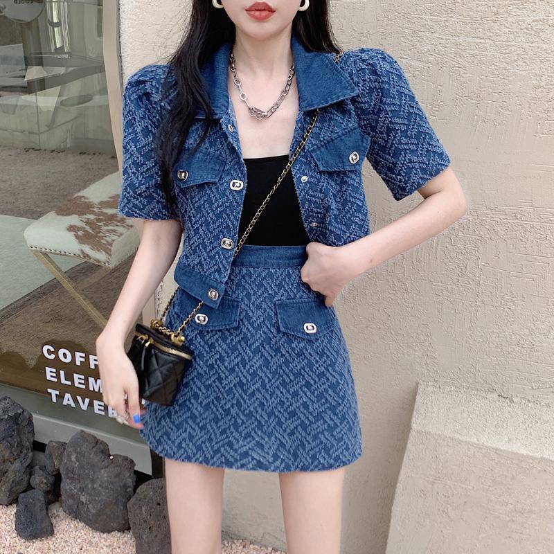 デニムセットアップ ジグザグ柄ショート丈セットアップ