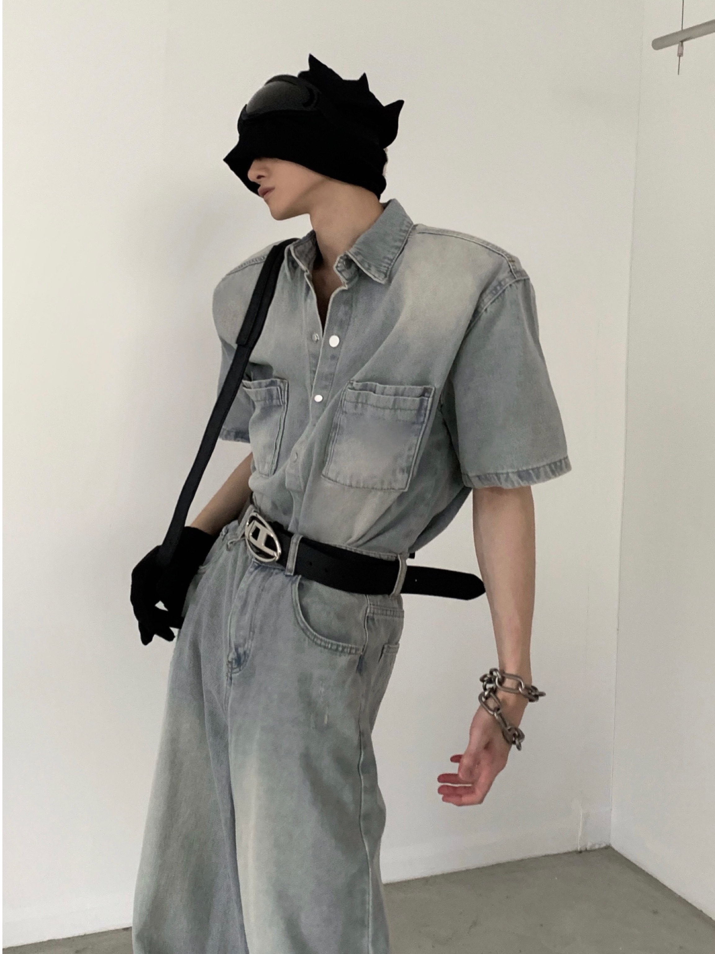 デニムセットアップ ワイドシルエット半袖デニムセットアップ