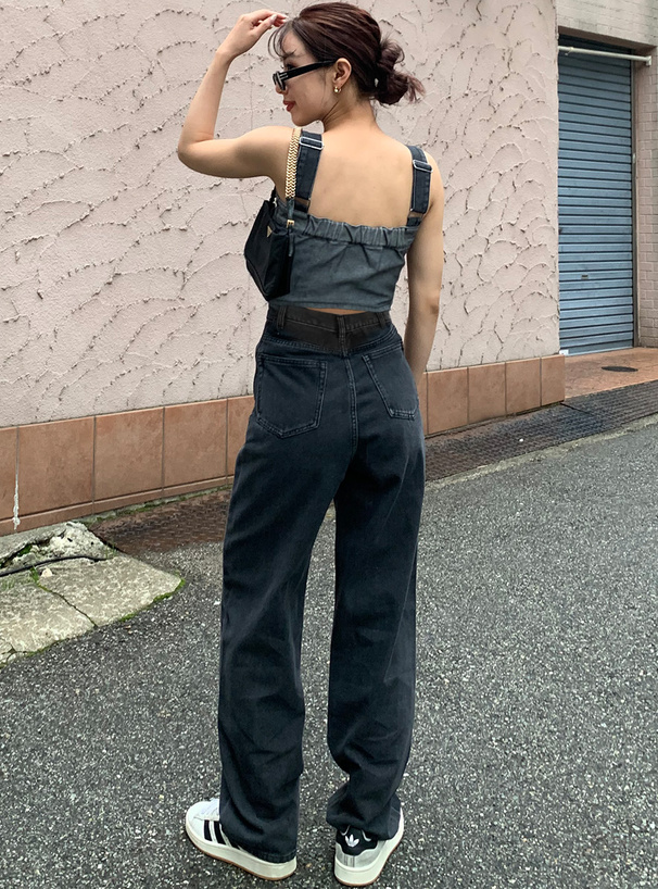 デニムセットアップ フロントジッパービスチェパンツセット