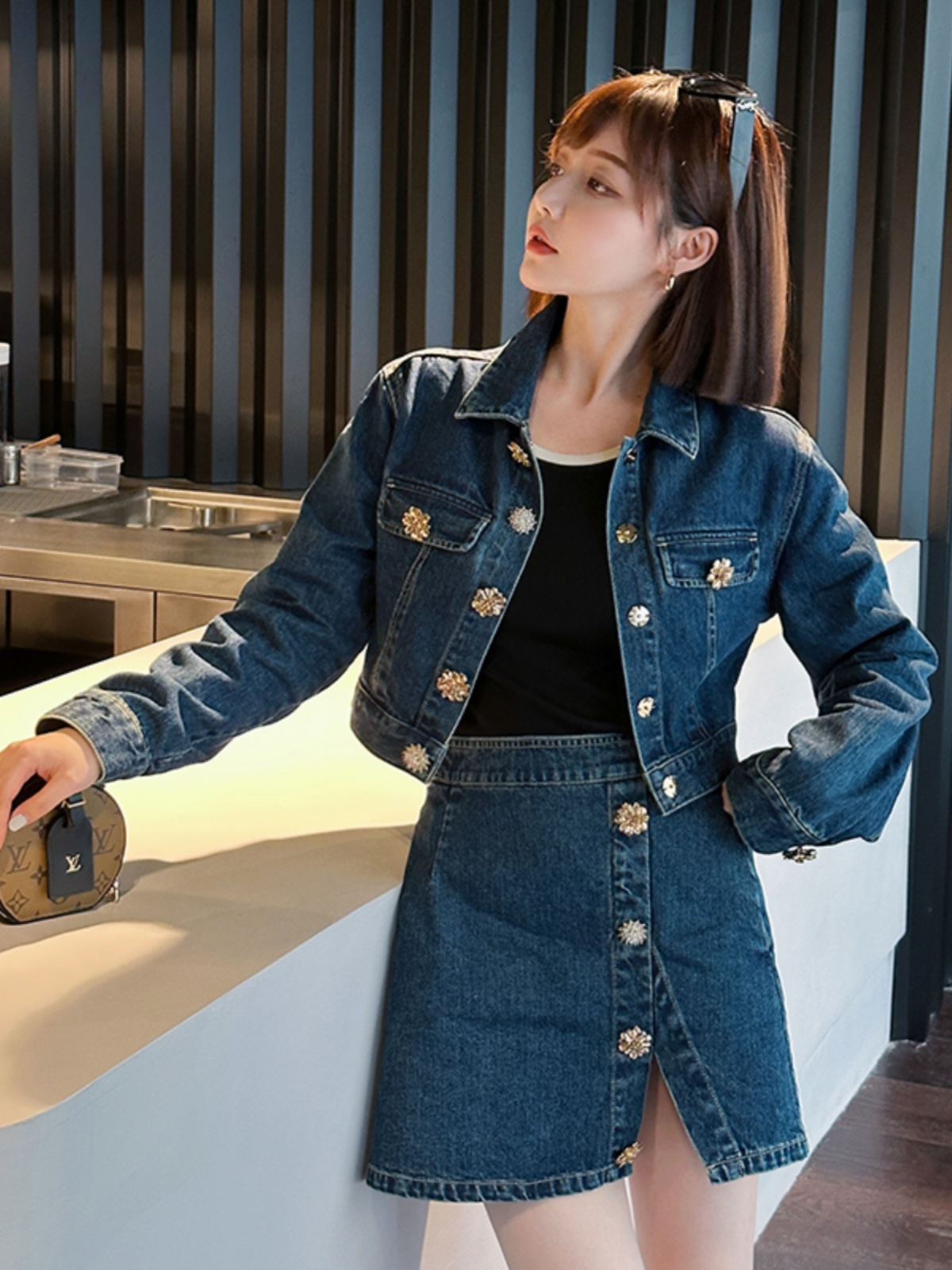 デニムセットアップ 花モチーフボタン デニムセットアップ