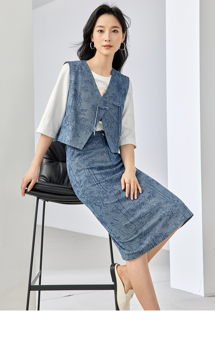 デニムセットアップ 草木模様入り織物ベスト付きスカートセット