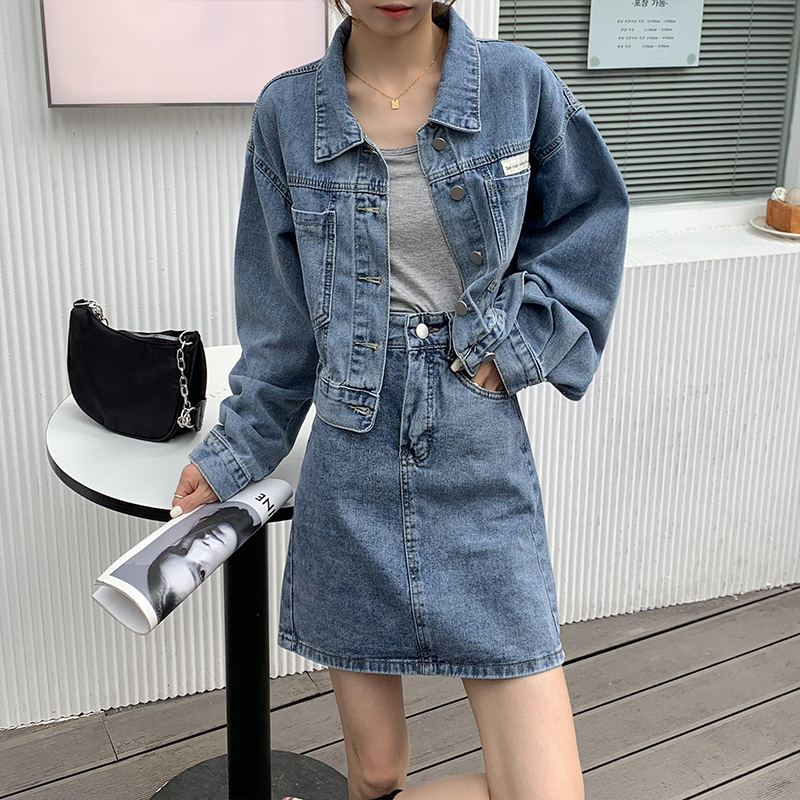 デニムセットアップ ヴィンテージ風デニムジャケット＆ミニスカート二点セット