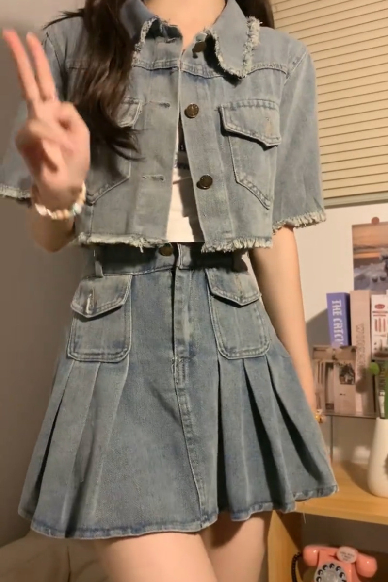 デニムセットアップ 裾フリンジ ショート丈セットアップ