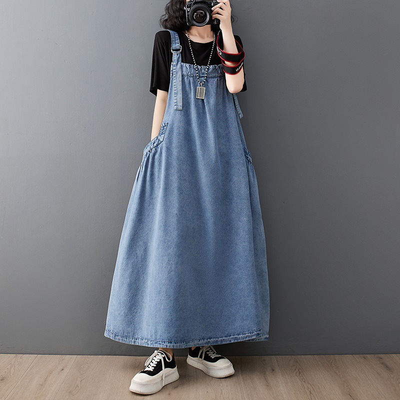 デニムセットアップ デニム生地のゆったりサロペットロングスカート