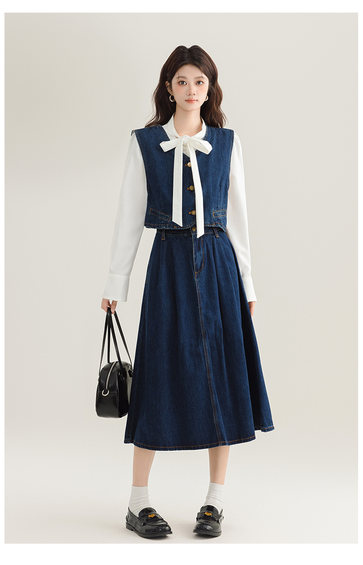 デニムセットアップ リボン付きベスト×フレアスカート