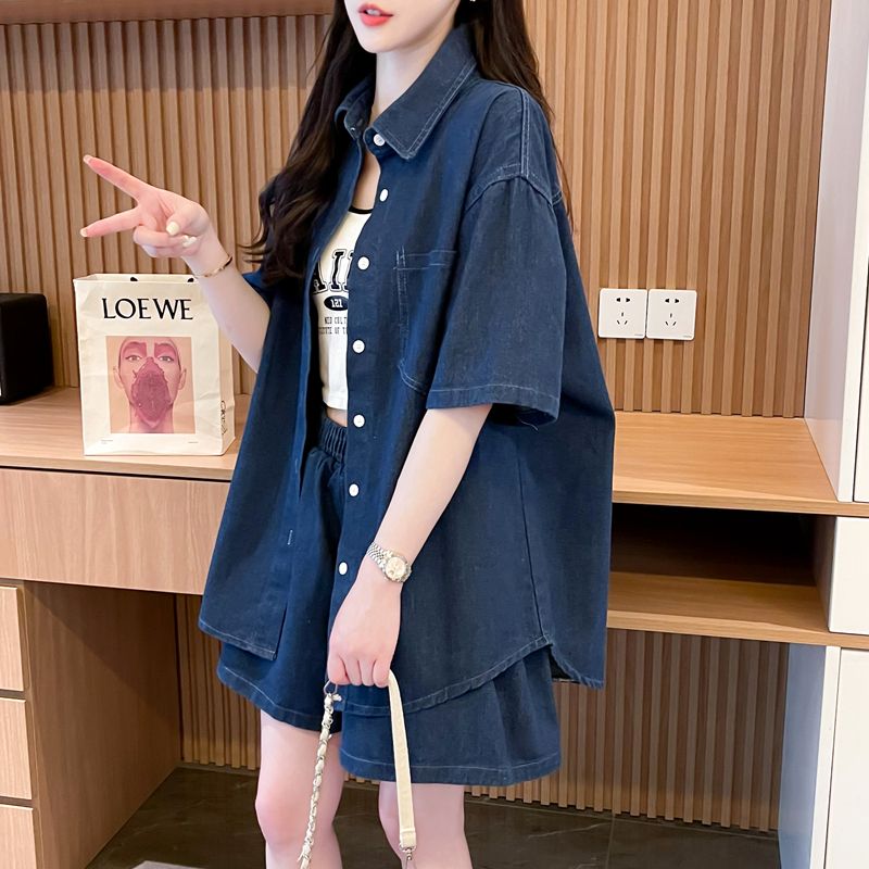 デニムセットアップ ゆったりデニムシャツとショートパンツセット