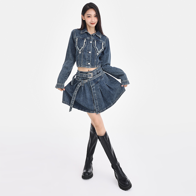 デニムセットアップ クロップド丈デニムジャケット＆プリーツスカート