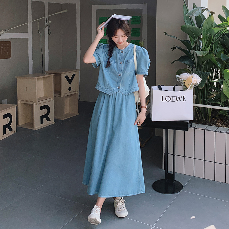デニムセットアップ パフスリーブデニムジャケット&ロングスカートセット