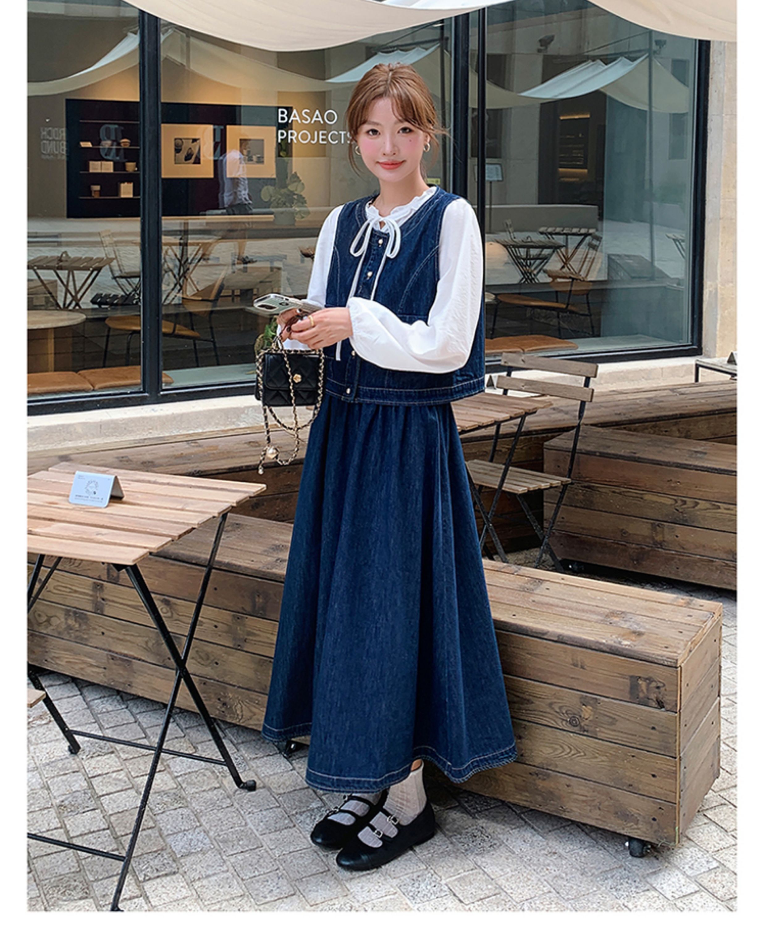 デニムセットアップ レトロ風ベスト付きロングスカート