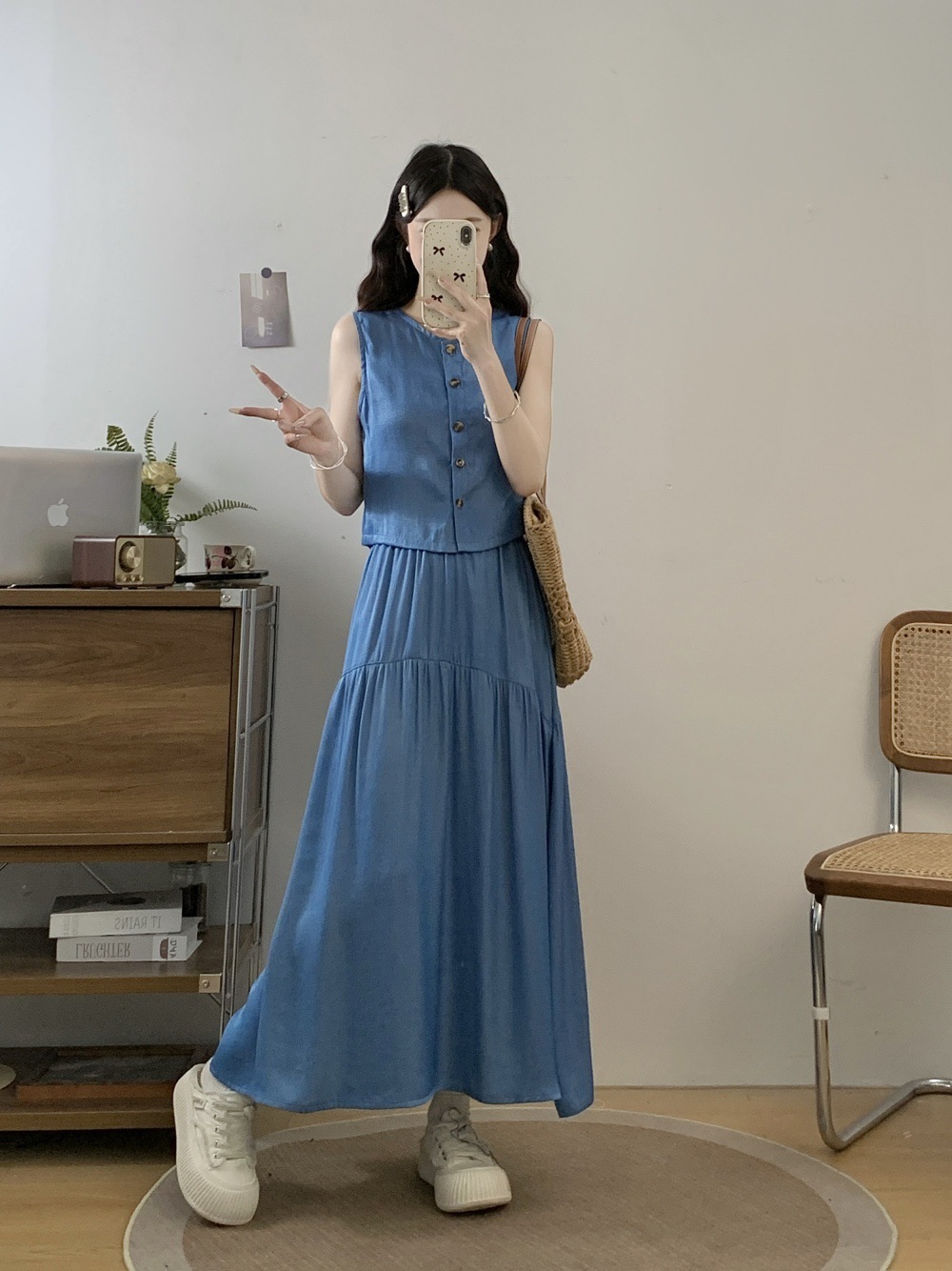 デニムセットアップ 優美ティアードベスト＆スカートセット