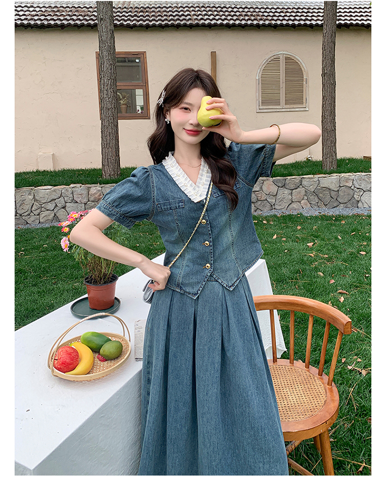 デニムセットアップ パフスリーブ優美スカートセット