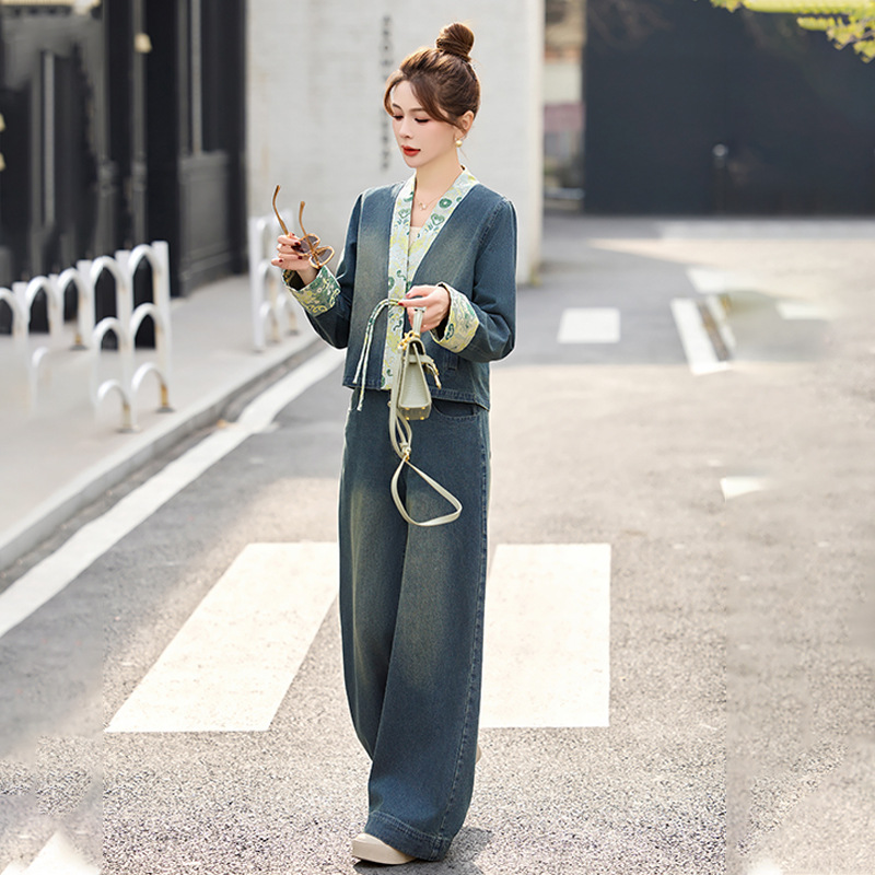 デニムセットアップ 花柄切替デニムジャケットワイドパンツセットアップ