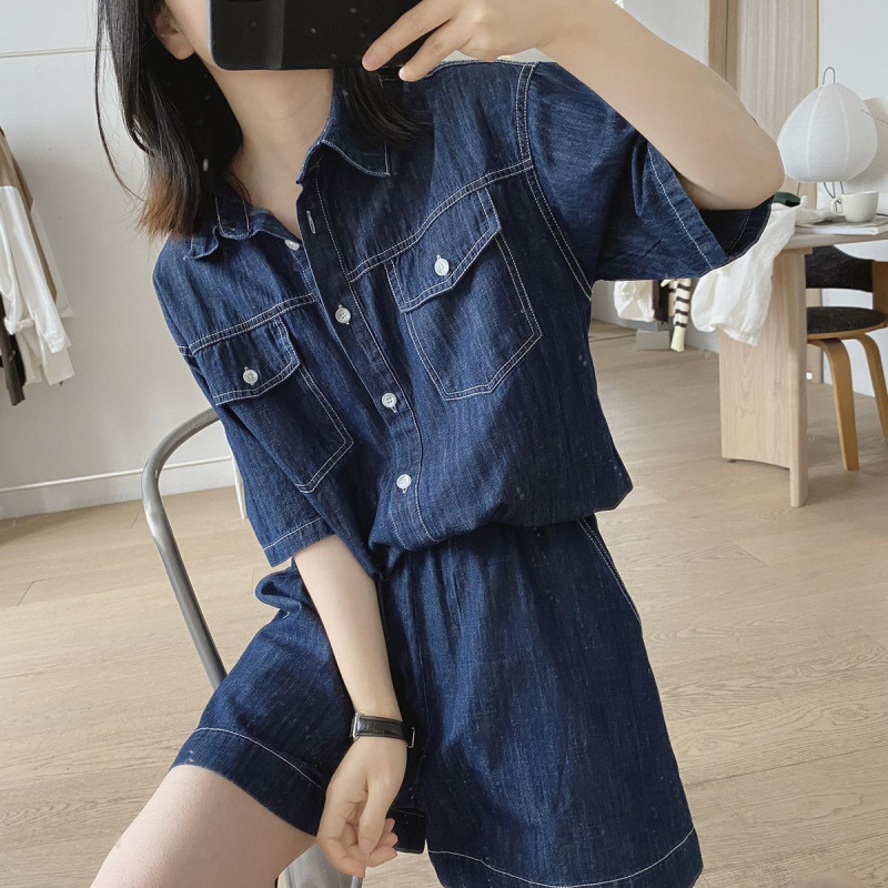 デニムセットアップ 半袖デニムシャツとショートパンツの上下セット