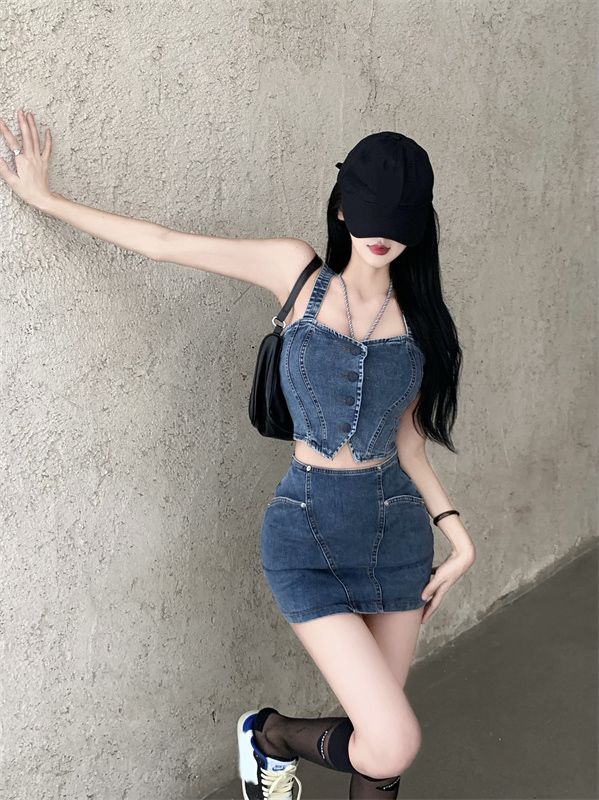 デニムセットアップ 美シルエット ビスチェミニセット