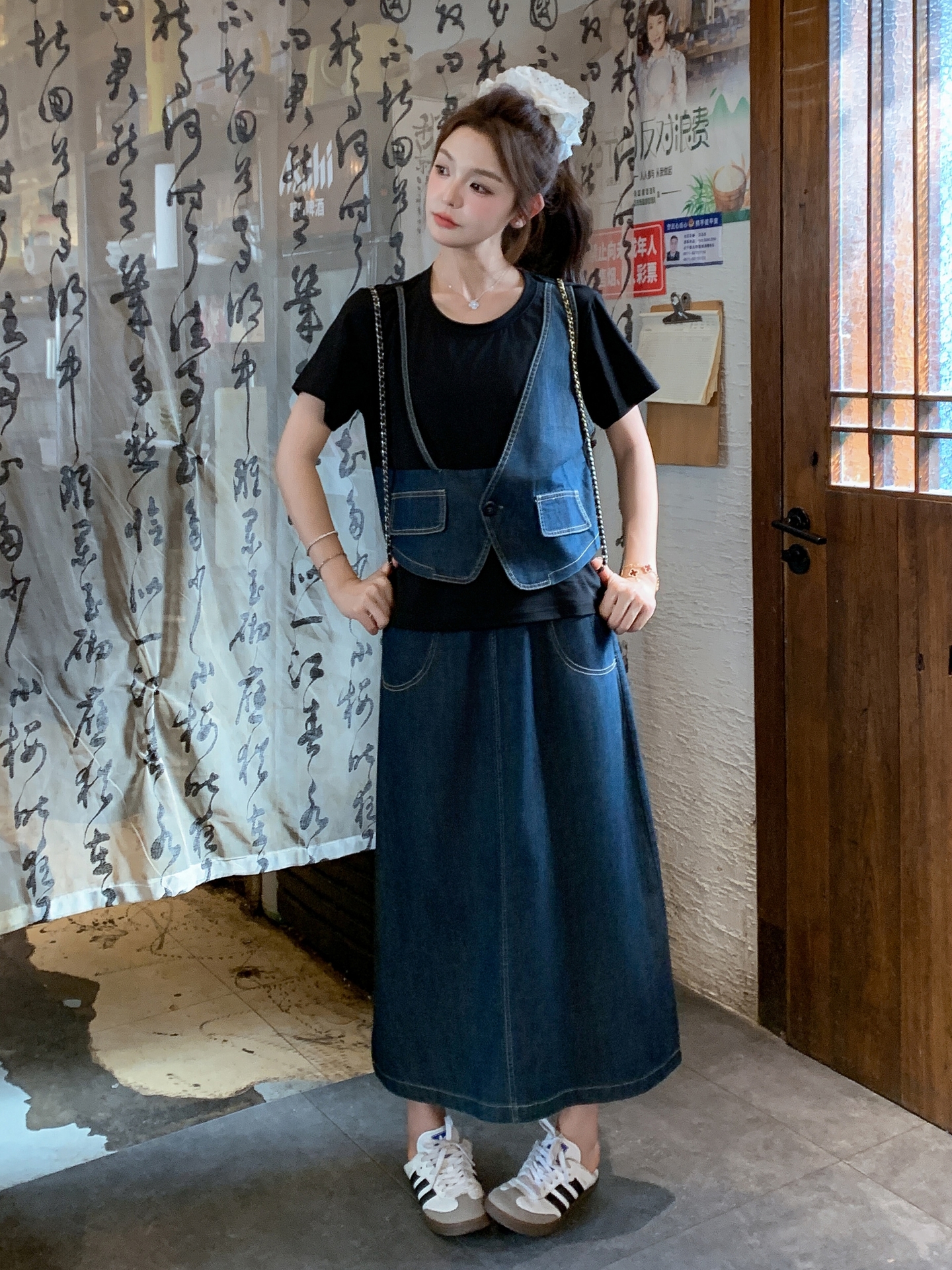 デニムセットアップ レトロベスト＆ロングスカートセット