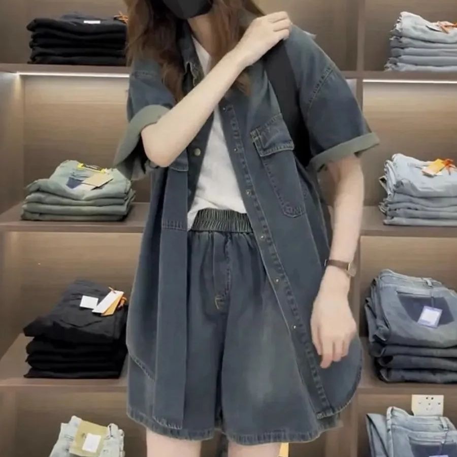 デニムセットアップ 半袖デニムジャケットとショートパンツの上下セット