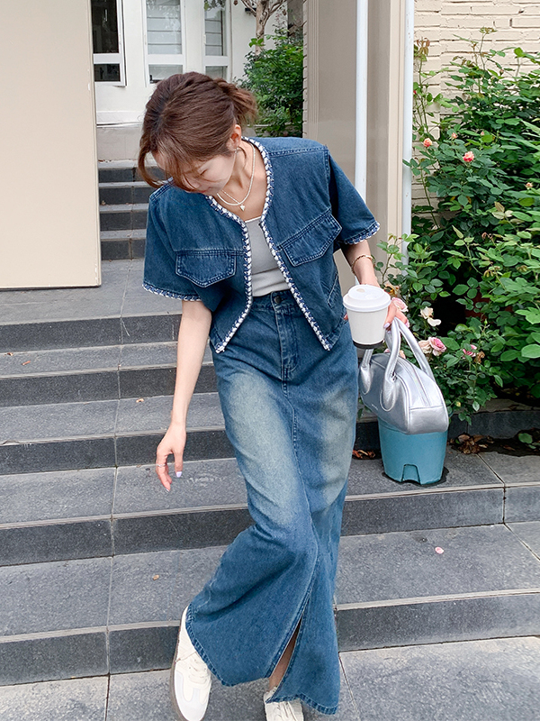 デニムセットアップ パール装飾スリット入りデニムセット