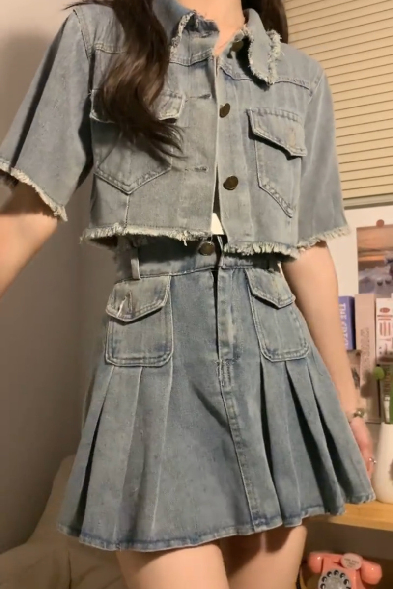 デニムセットアップ 裾フリンジ ショート丈セットアップ
