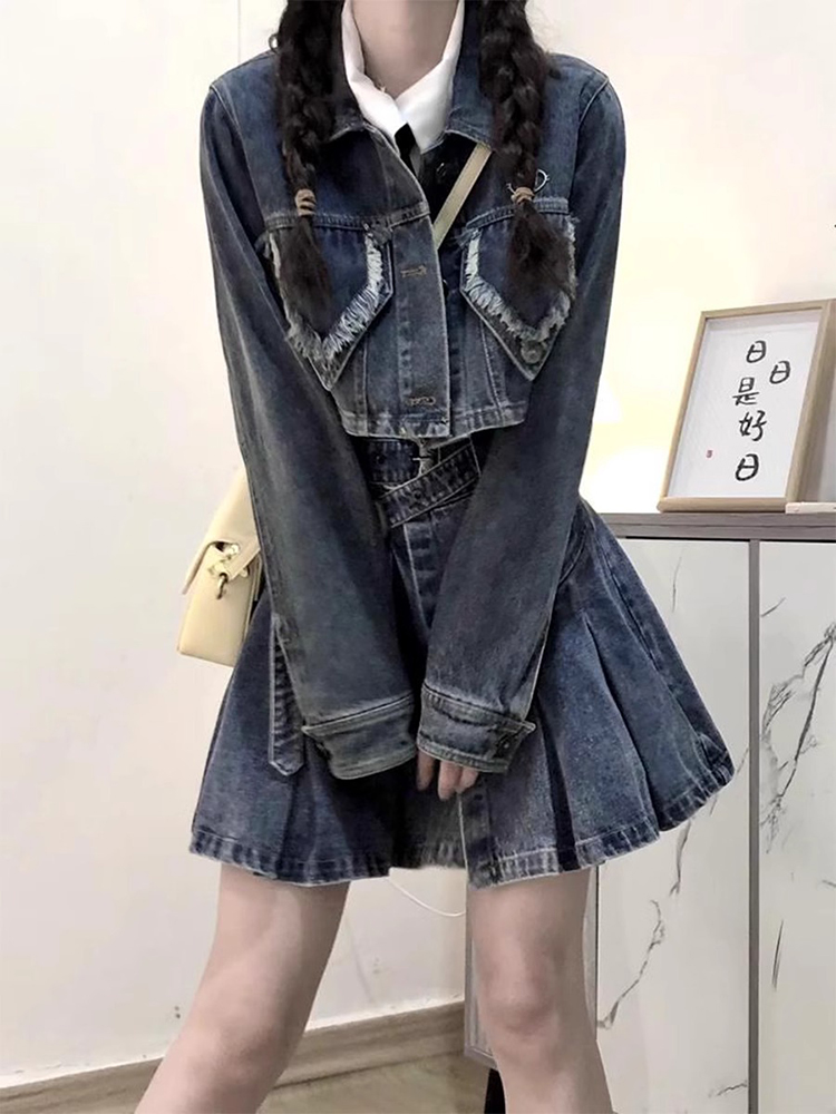 デニムセットアップ クロップド丈デニムジャケット＆プリーツスカートセット